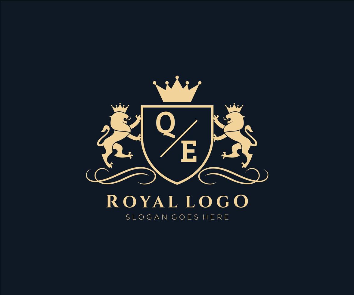 eerste qe brief leeuw Koninklijk luxe heraldisch, wapen logo sjabloon in vector kunst voor restaurant, royalty, boetiek, cafe, hotel, heraldisch, sieraden, mode en andere vector illustratie.