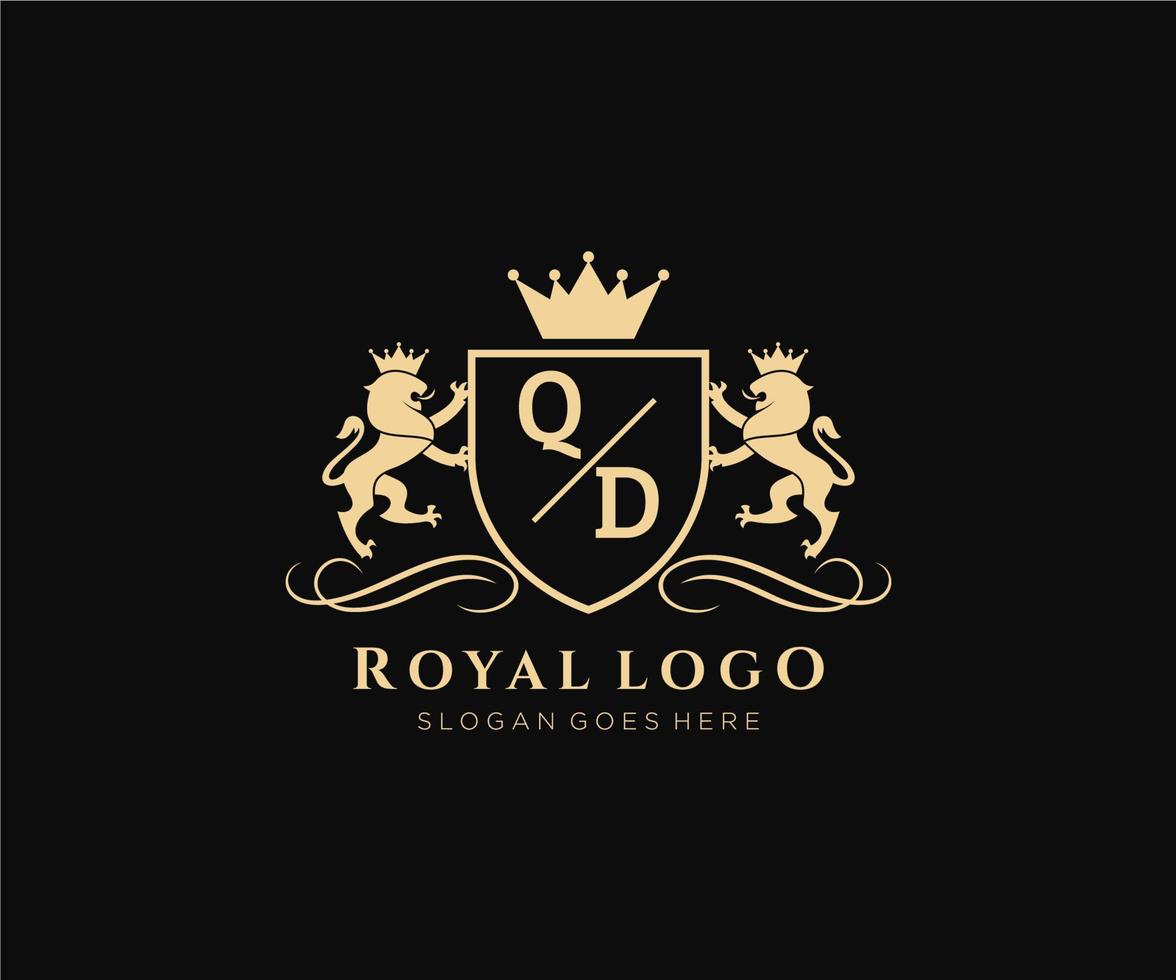 eerste qd brief leeuw Koninklijk luxe heraldisch, wapen logo sjabloon in vector kunst voor restaurant, royalty, boetiek, cafe, hotel, heraldisch, sieraden, mode en andere vector illustratie.