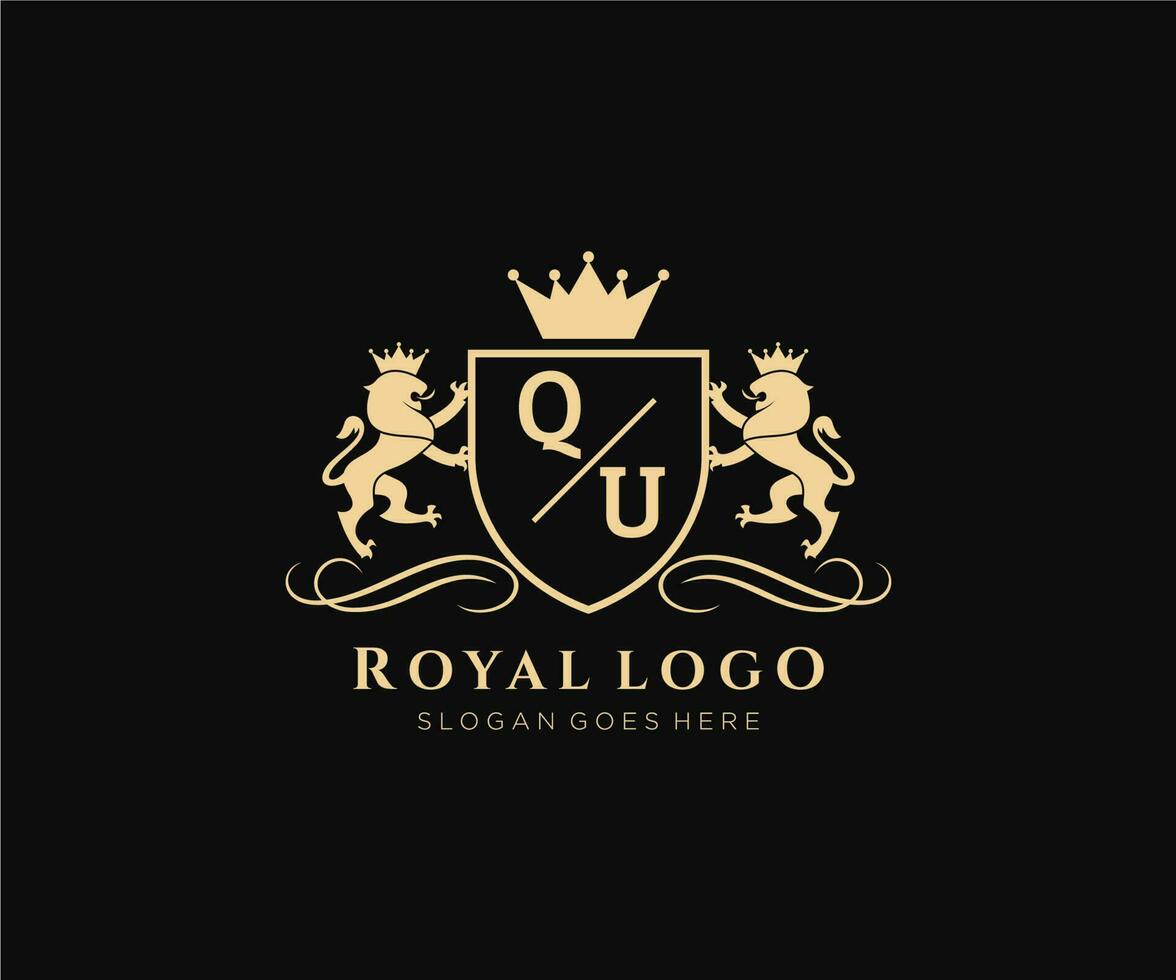 eerste qu brief leeuw Koninklijk luxe heraldisch, wapen logo sjabloon in vector kunst voor restaurant, royalty, boetiek, cafe, hotel, heraldisch, sieraden, mode en andere vector illustratie.