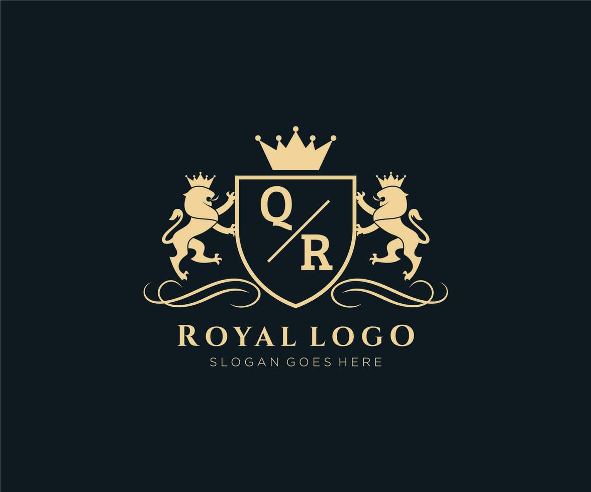 eerste qr brief leeuw Koninklijk luxe heraldisch, wapen logo sjabloon in vector kunst voor restaurant, royalty, boetiek, cafe, hotel, heraldisch, sieraden, mode en andere vector illustratie.