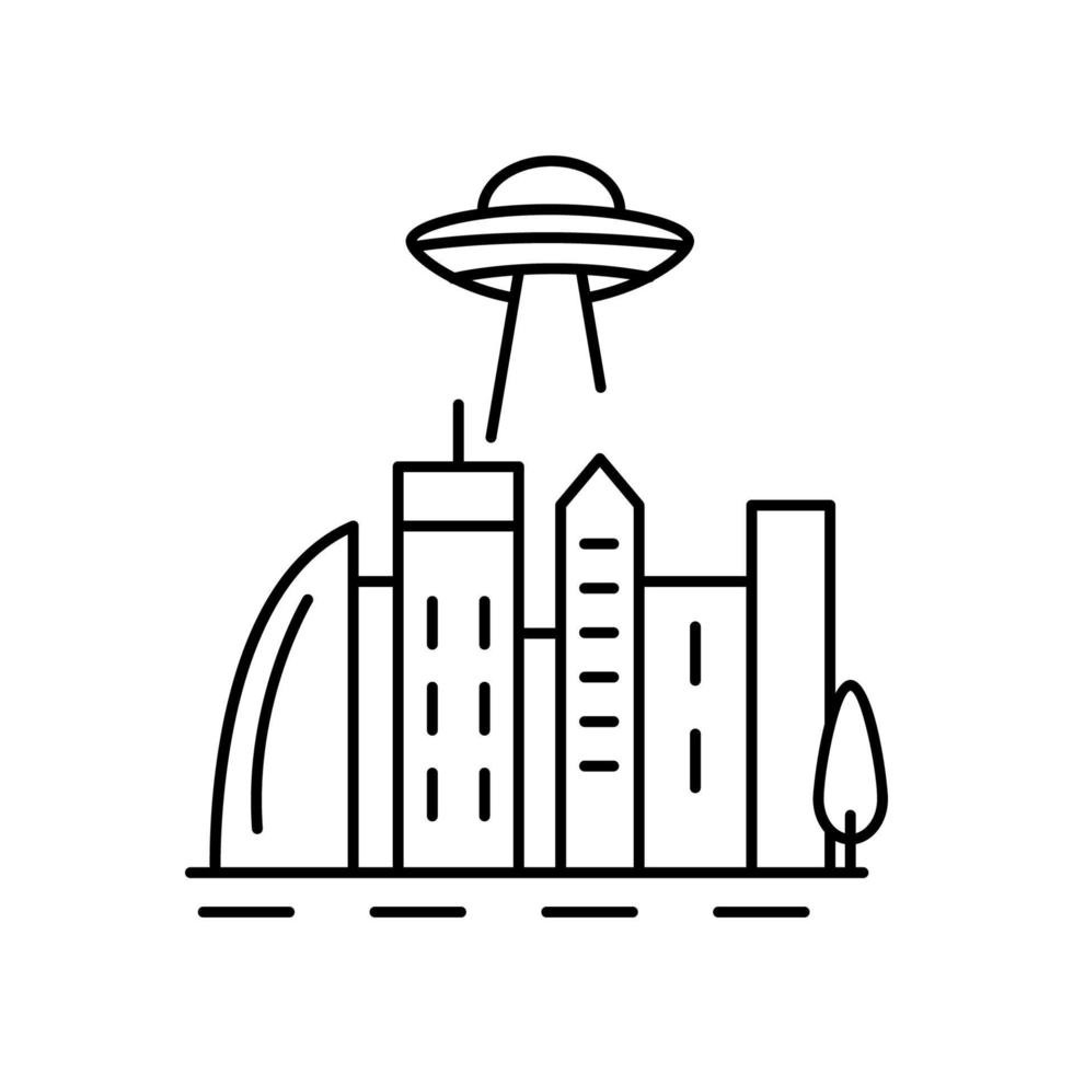 ufo over- de stad lijn, schets vector teken, lineair stijl pictogram vector icoon