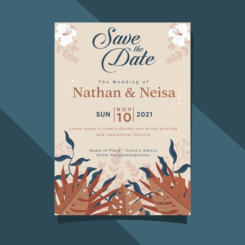 bewaar de datum, de kaartsjabloon van de huwelijksuitnodiging in zachte kleuren, rustieke bladachtergrond. vector illustratie.