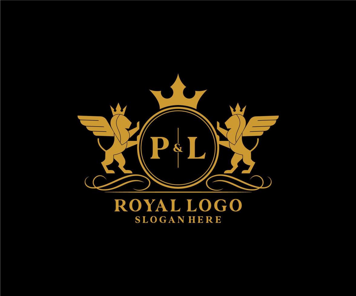 eerste pl brief leeuw Koninklijk luxe heraldisch, wapen logo sjabloon in vector kunst voor restaurant, royalty, boetiek, cafe, hotel, heraldisch, sieraden, mode en andere vector illustratie.