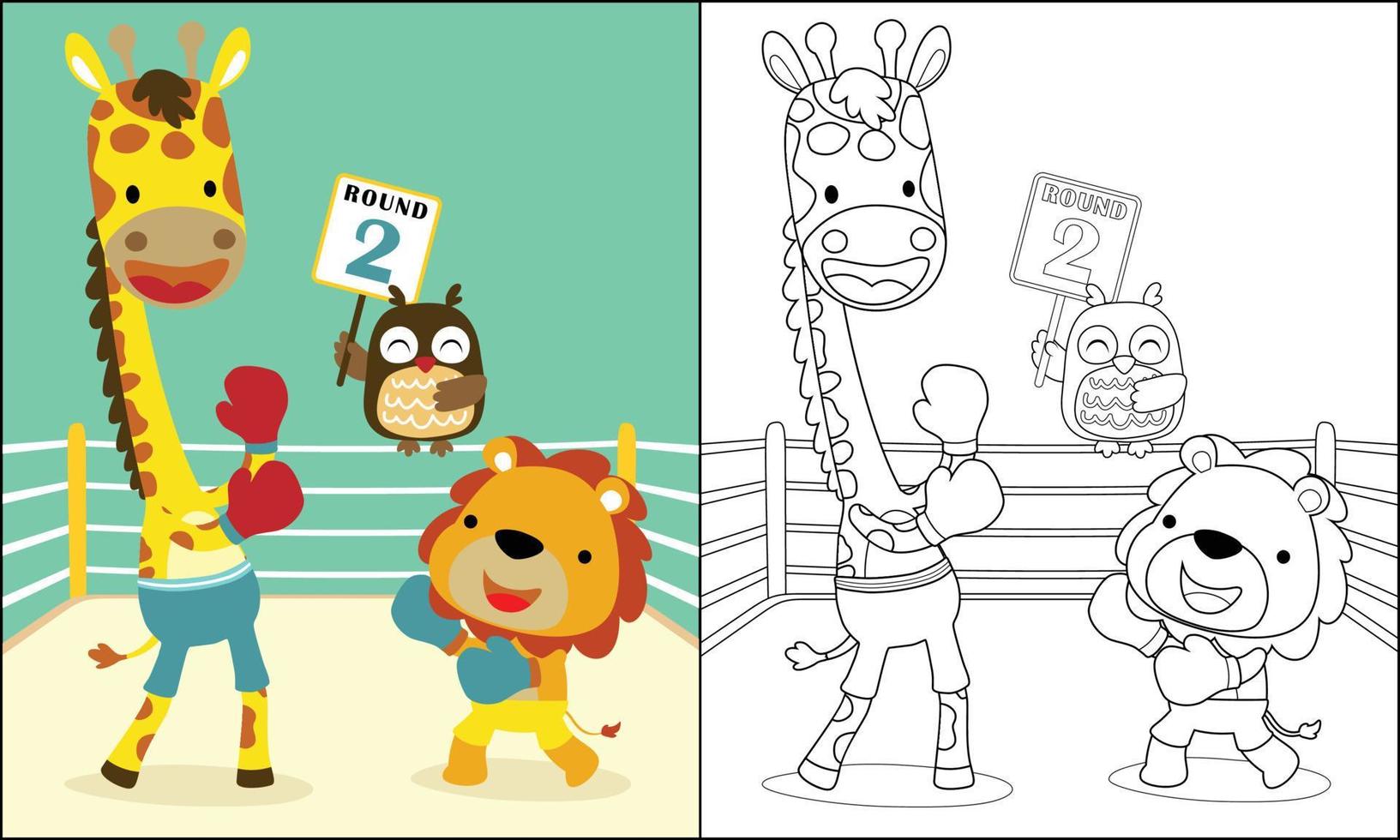 grappig boksen bij elkaar passen met giraffe vs leeuw, uil Holding boksen bord, kleur boek of bladzijde vector
