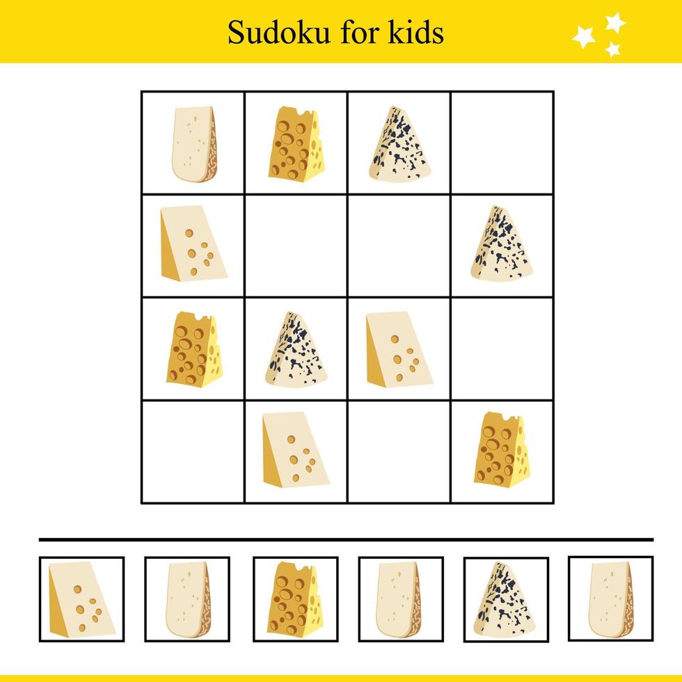 sudoku voor kinderen met stukken van kaas. leerzaam spel voor kinderen vector