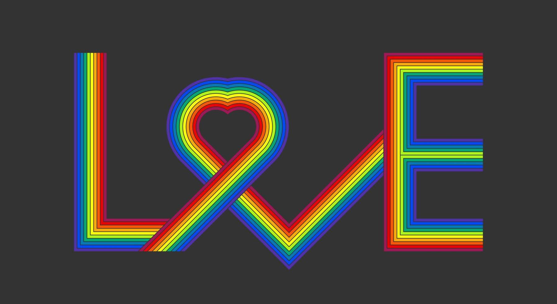 schoonschrift belettering van de woord liefde in de vorm van een hart. meetkundig strepen, regenboog lijnen, grijs achtergrond. structuur element ontwerp voor banier, kaart, poster, achtergrond, muur. vector illustratie.