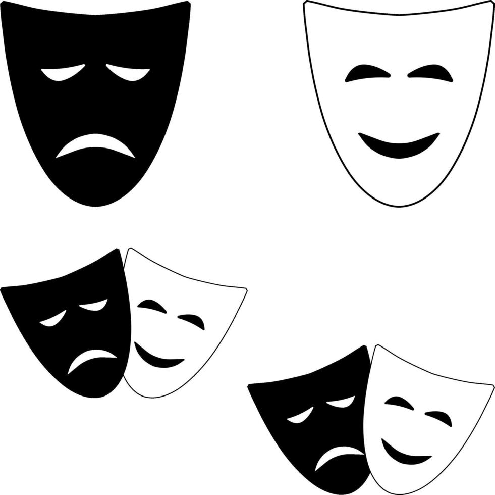 theatrale maskers van komedie en tragedie. zwart-wit vector geïsoleerde symbolen van het theater.