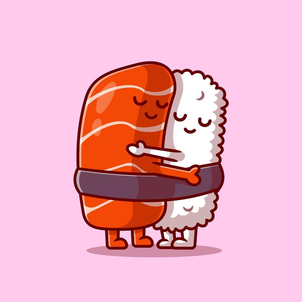 schattig sushi Zalm paar knuffel tekenfilm vector icoon illustratie. voedsel liefde icoon concept geïsoleerd premie vector. vlak tekenfilm stijl