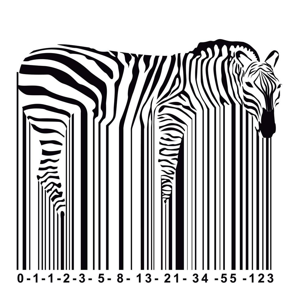 ontwerp voor t-shirt van een zebra gemengd met een streepjescode. finbonacci code nummering vector