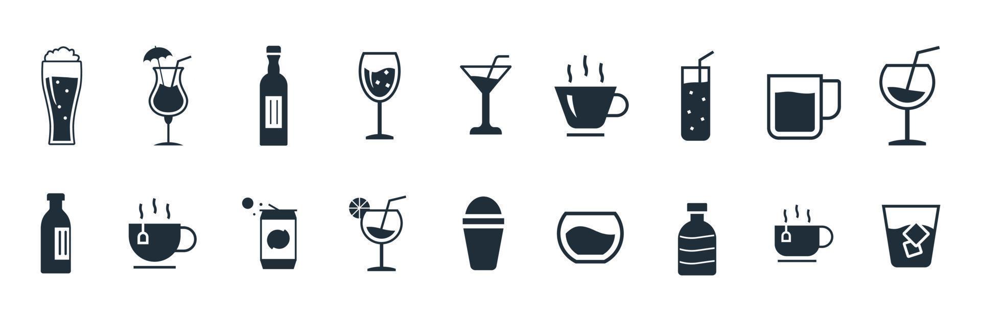 drinken pictogrammen vector illustratie set. thee, koffie, cacao, kopjes, fles, glas, en meer