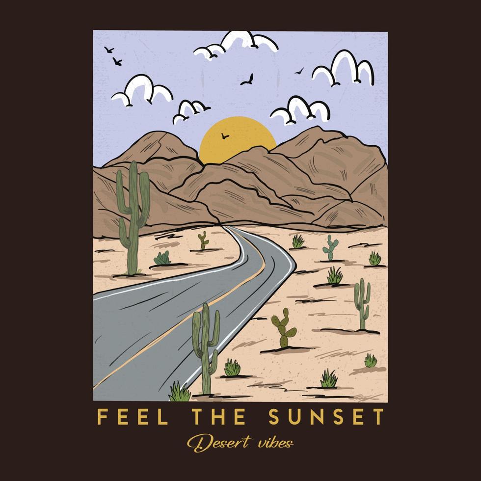wijnoogst voelen zonsondergang cactus berg onderzoeken woestijn gevoel. wijnoogst woestijn dromen, voelen de zonsondergang, zonsopkomst de woestijn gevoel in Arizona, grafisch afdrukken ontwerp voor kleding, stickers, affiches. vector
