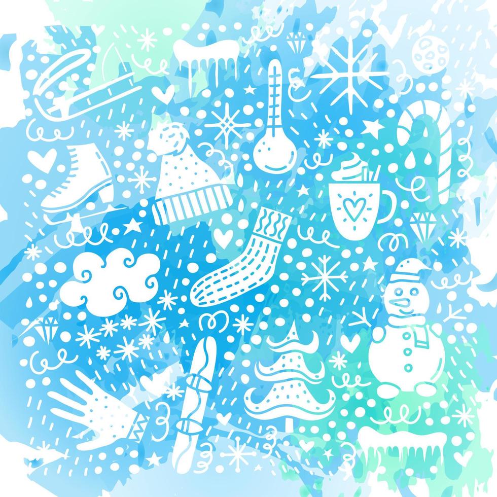 blauw poster met tekening winter pictogrammen. vector