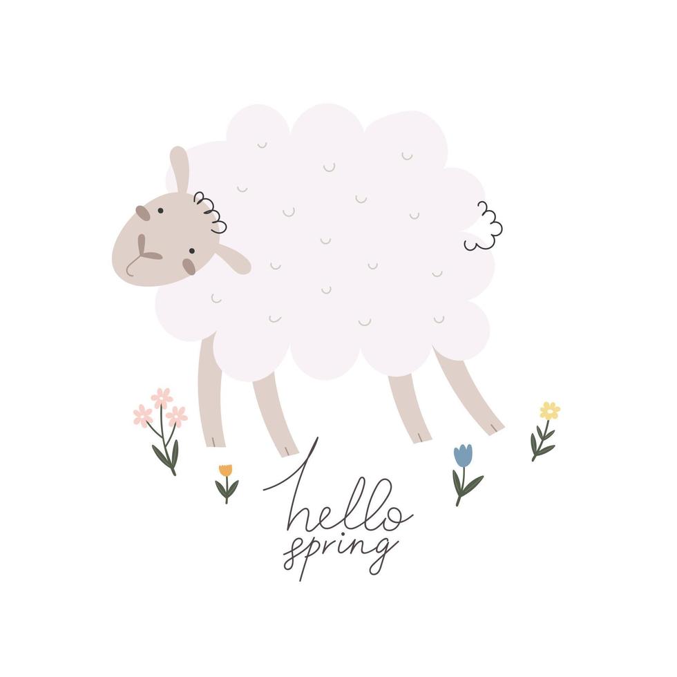 Hallo de lente. tekenfilm schaap, bloemen, hand- tekening belettering. kleurrijk voorjaar vector illustratie, vlak stijl. ontwerp voor afdrukken, groet kaart, poster decoratie, Hoes