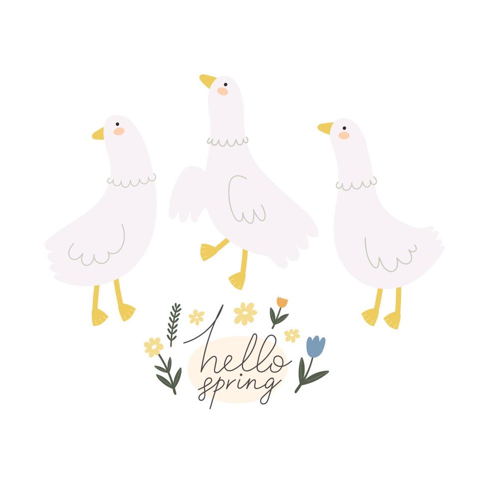 Hallo de lente. tekenfilm vogels, bloemen, hand- tekening belettering. kleurrijk voorjaar vector illustratie, vlak stijl. ontwerp voor afdrukken, groet kaart, poster decoratie, Hoes