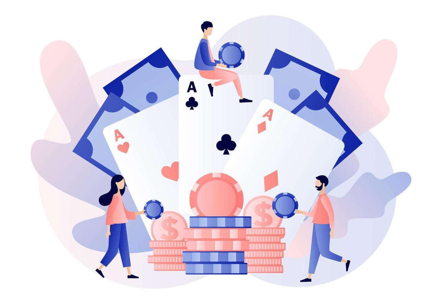 casino en het gokken concept. klein mensen gaming het gokken spellen en inzet. mensen Speel poker. poker kaarten. modern vlak tekenfilm stijl. vector illustratie