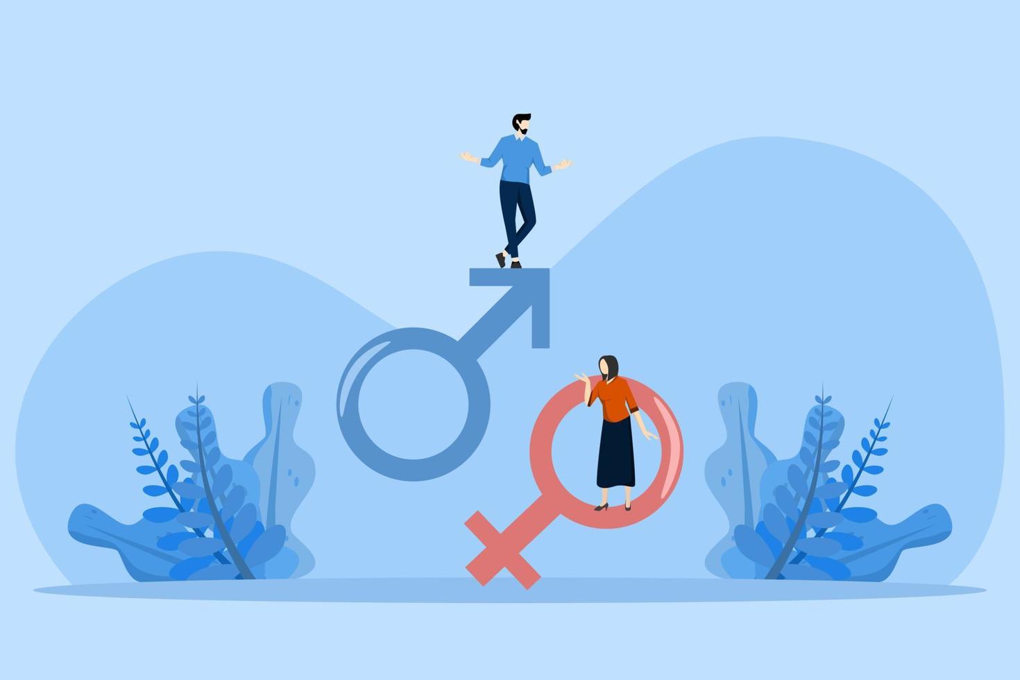 geslacht bedrijf kloof concept. ongelijkheid tussen mannen en Dames in loon en carrière mogelijkheden, ondernemers en Dames staan Aan geslacht symbolen. discriminatie tegen Dames. salaris gat. vector