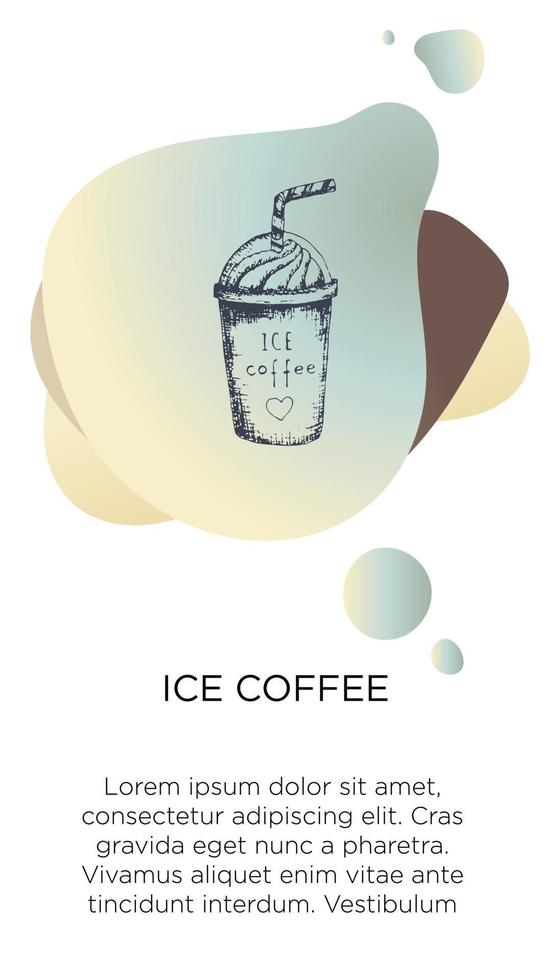 abstract creatief koffie achtergronden met kopiëren ruimte voor tekst en hand- trek icoon ijs koffie. vector concept voor koffie winkel huis, cafe met blauw modern vloeistof achtergrond. sjabloon voor website, app.