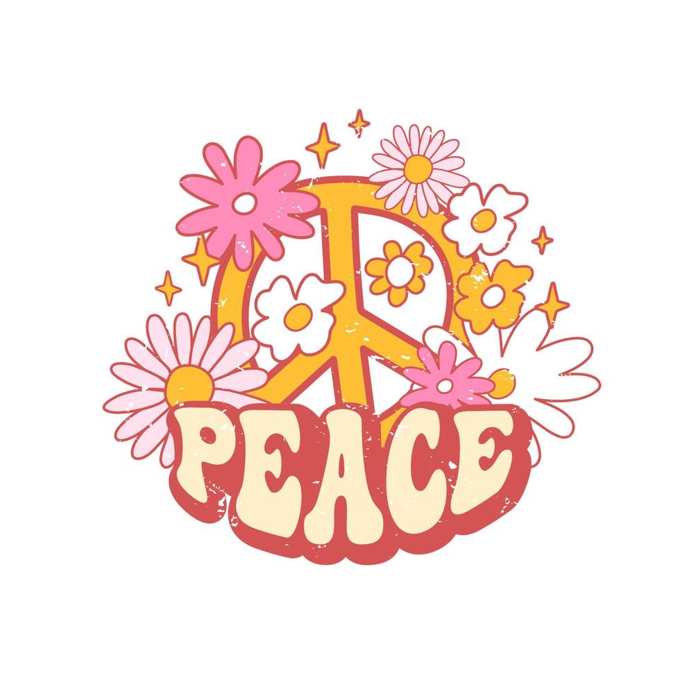 retro leuze vrede, met vrede symbool en hippie bloemen. kleurrijk vector illustratie