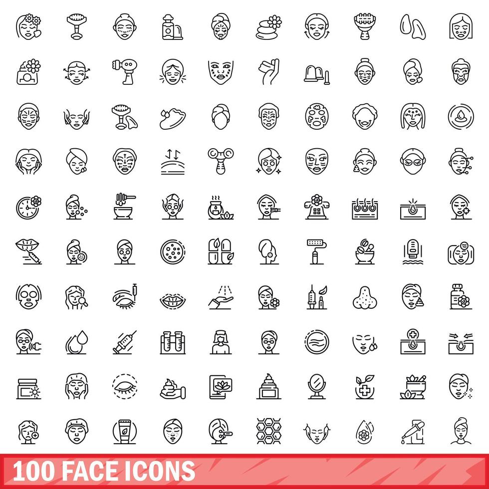100 gezicht pictogrammen set, schets stijl vector