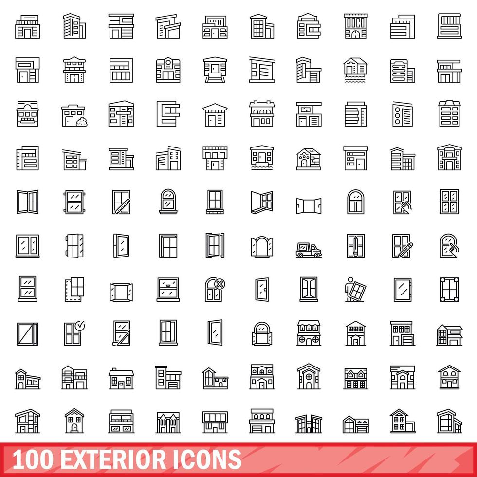 100 buitenkant pictogrammen set, schets stijl vector