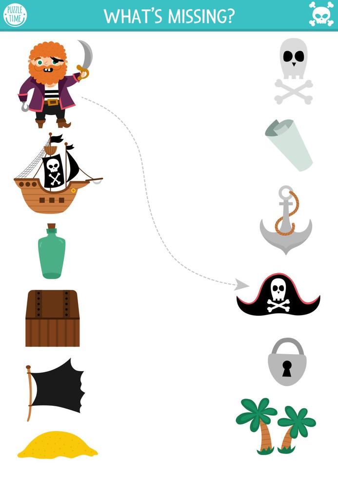 piraat bij elkaar passen werkzaamheid met schattig marinier symbolen. schat jacht puzzel met schip, borst, vlag, eiland, fles, anker. bij elkaar passen de voorwerpen spel. zee avonturen bij elkaar passen omhoog afdrukbare bladzijde vector