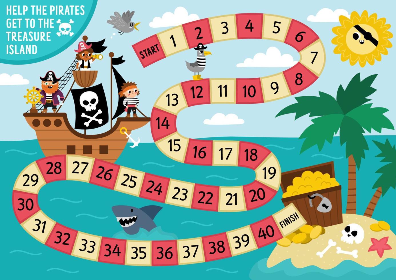piraat Dobbelsteen bord spel voor kinderen met schattig piraat schip jacht- schat. schat eiland jacht bordspel met piraten, borst. zee avonturen afdrukbare werkzaamheid of werkblad vector