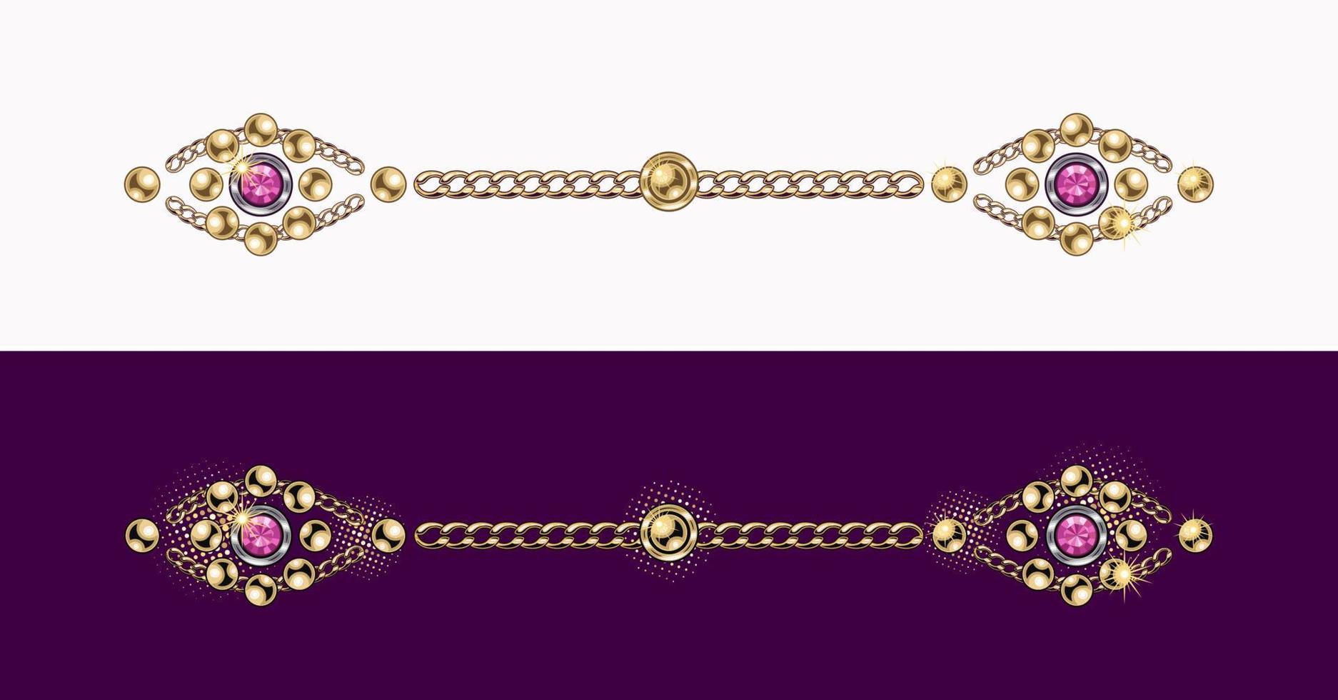 wijnoogst sieraden grens lijn, verdeler gemaakt van goud bal kralen, roze strass steentjes, edelstenen, goud kettingen Aan wit en magenta achtergrond. vector ontwerp element