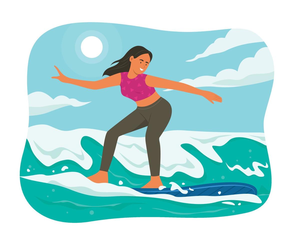 sport vrouw surfing met surfboard in zomer seizoen vector