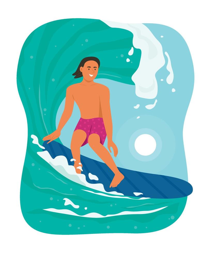 sport Mens surfing met surfboard in zomer seizoen vector