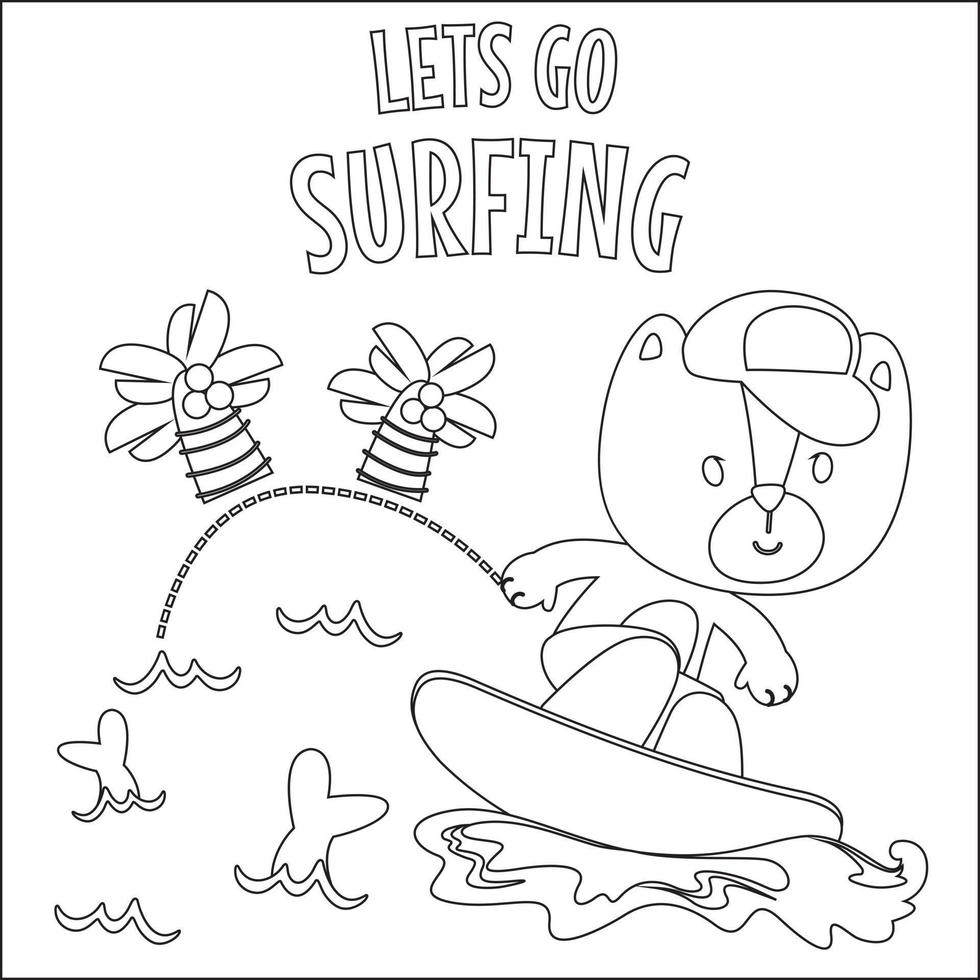 vector illustratie van surfing tijd met schattig weinig dier Bij zomer strand. kinderachtig ontwerp voor kinderen werkzaamheid kleuren boek of bladzijde.