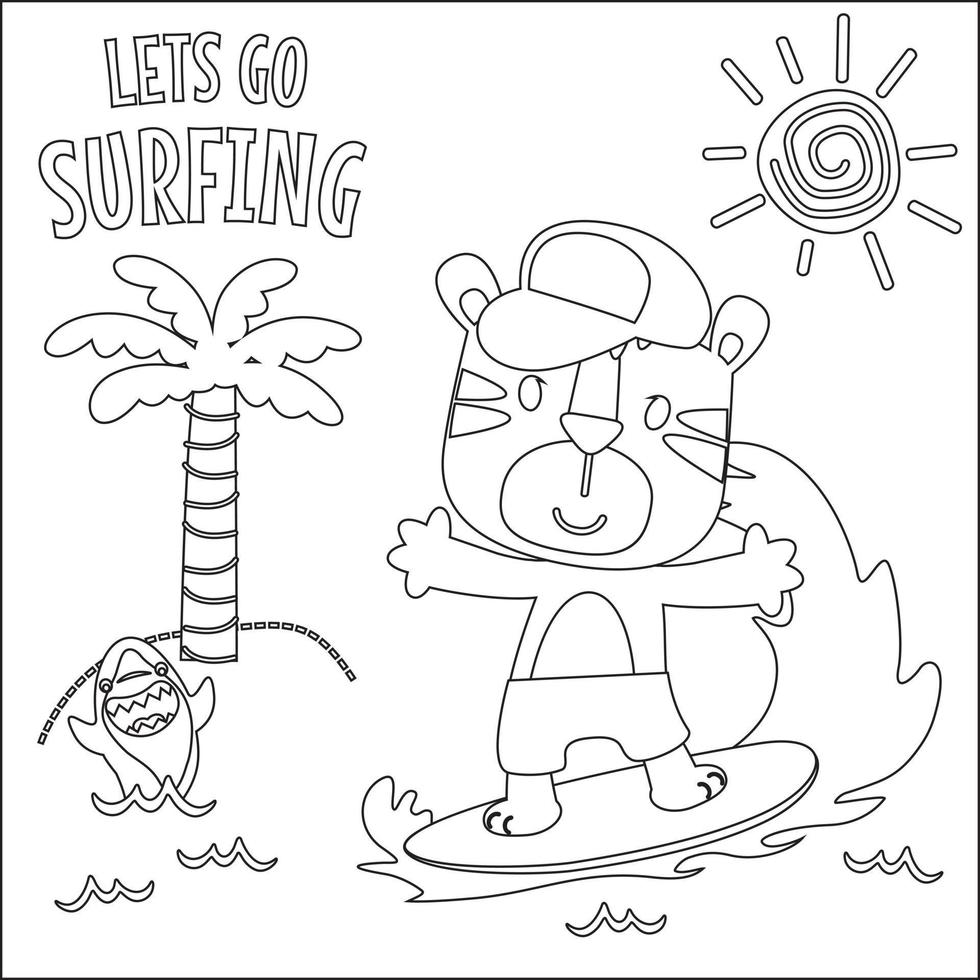 vector illustratie van surfing tijd met schattig weinig dier Bij zomer strand. kinderachtig ontwerp voor kinderen werkzaamheid kleuren boek of bladzijde.