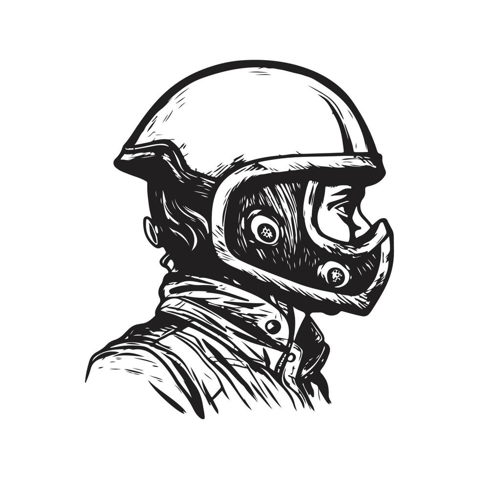 Mens met vol gezicht motorcross helm, wijnoogst logo concept zwart en wit kleur, hand- getrokken illustratie vector