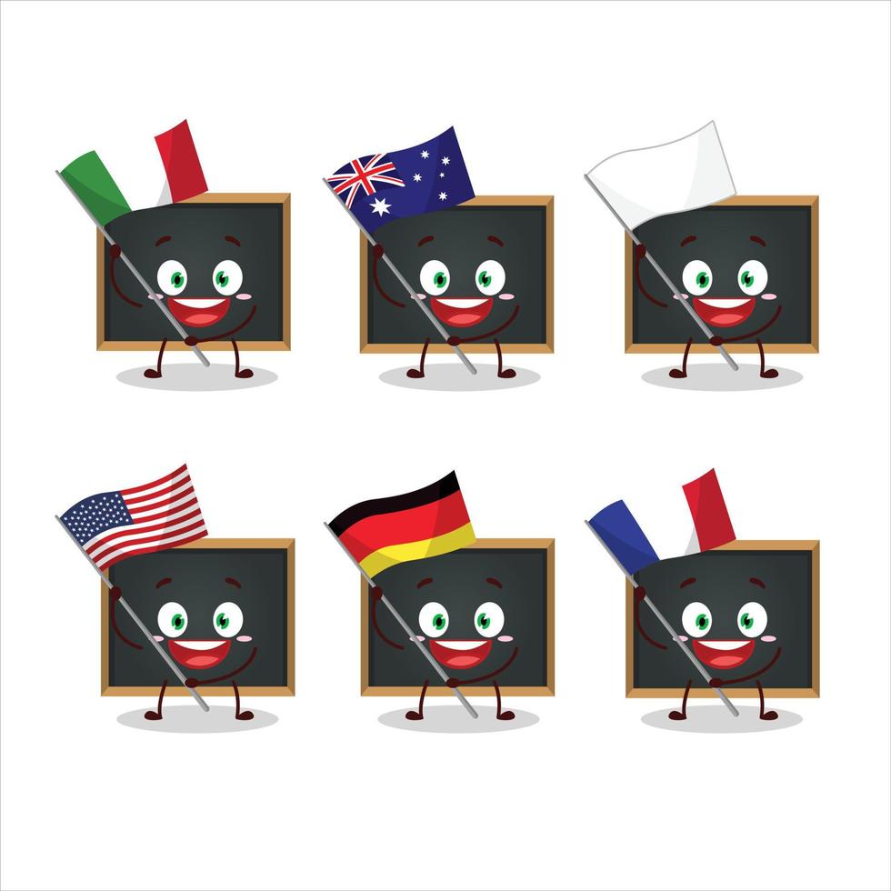 schoolbord tekenfilm karakter brengen de vlaggen van divers landen vector