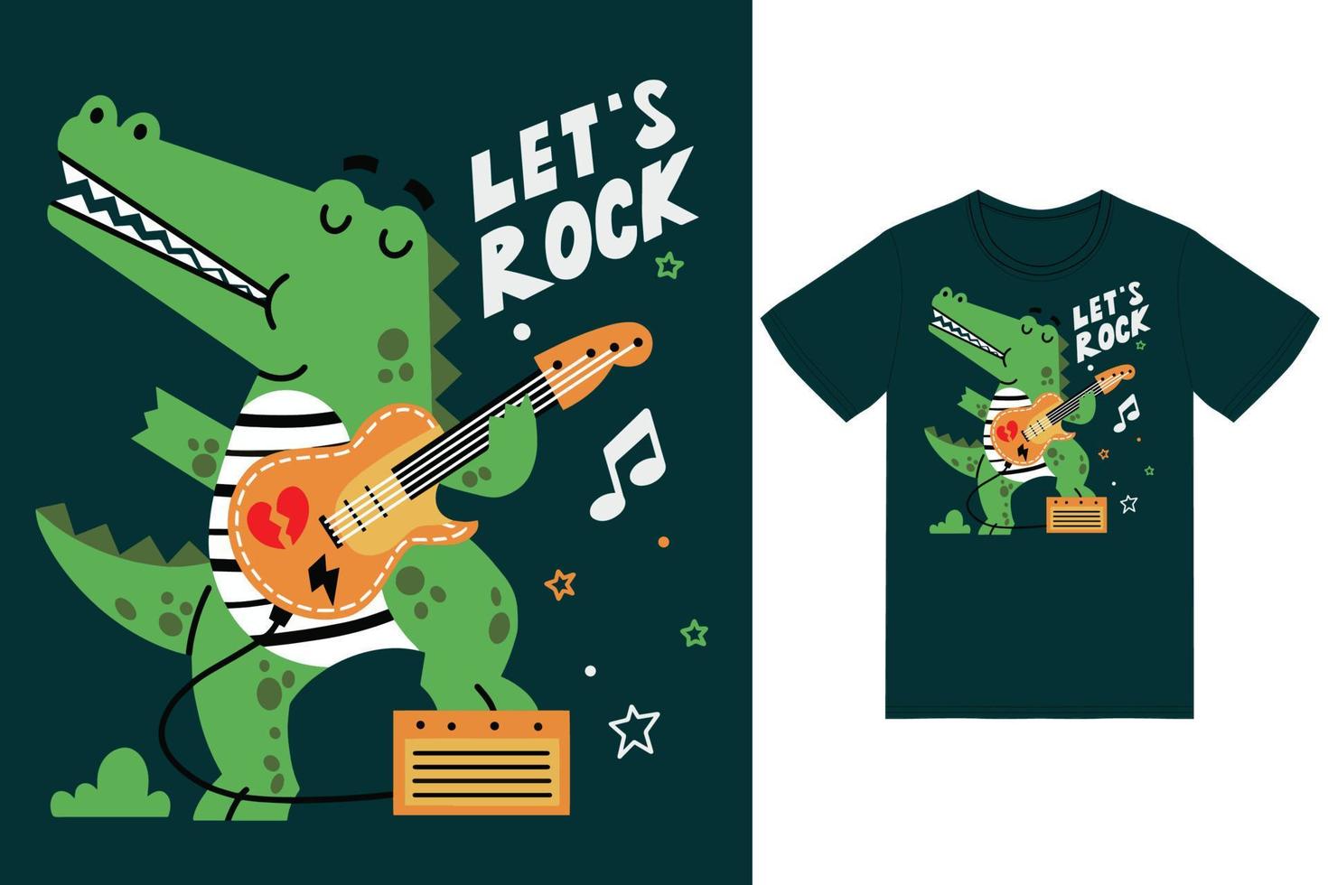 schattig krokodil spelen gitaar illustratie met t-shirt ontwerp premie vector