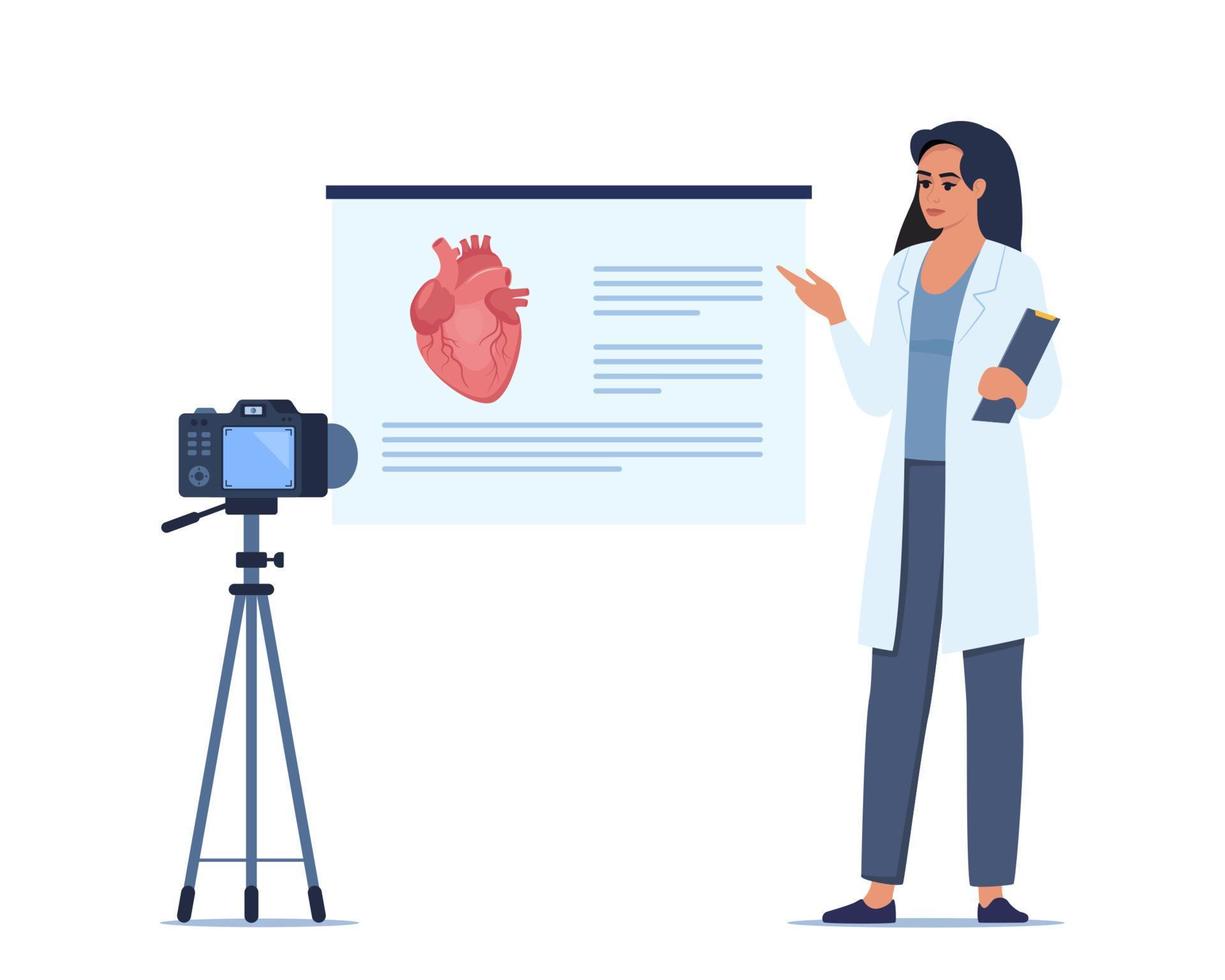 dokter geeft een opleiding lezing over anatomie Aan camera. dokter presenteren menselijk hart infographics. online medisch seminarie, lezing, gezondheidszorg vergadering concept. vector illustratie.