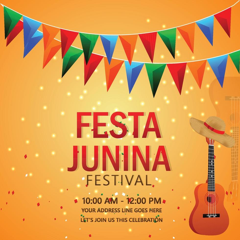 festa junina uitnodigingskaarten met gitaar en hoed vector