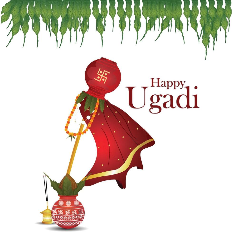 happy gudi padwa indian festival uitnodiging wenskaart met traditionele kalash vector