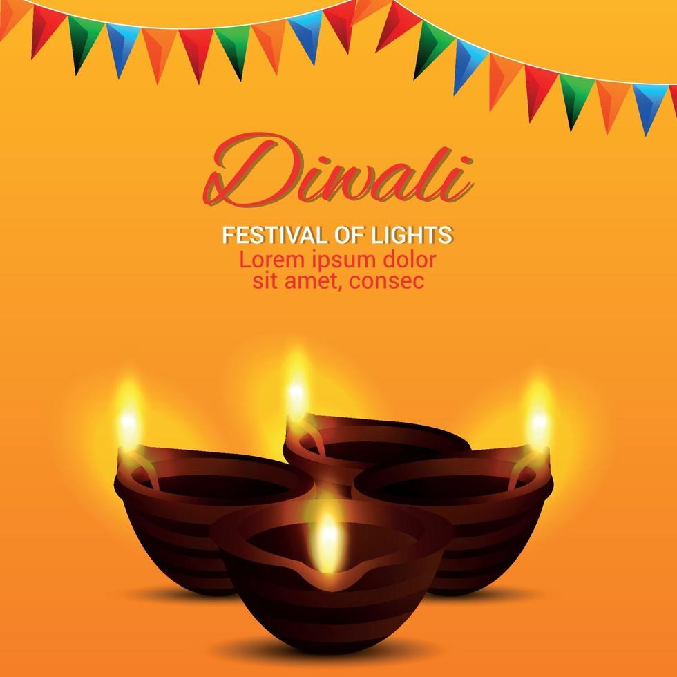 gelukkig diwali-festival van licht met diwali-diya op gele achtergrond vector