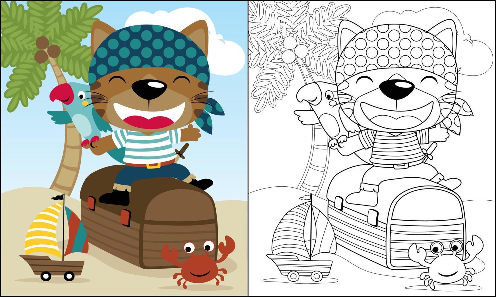 grappig kat tekenfilm in piraat kostuum zittend Aan schat borst, piraat element tekenfilm, kleur boek of bladzijde vector
