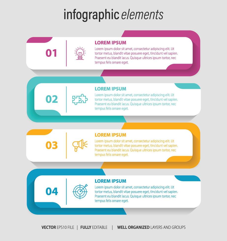 infographics ontwerp vector en marketing pictogrammen kunnen worden gebruikt voor werkstroom layout, diagram, jaarverslag, webdesign. bedrijfsconcept met 4 opties, stappen of processen.