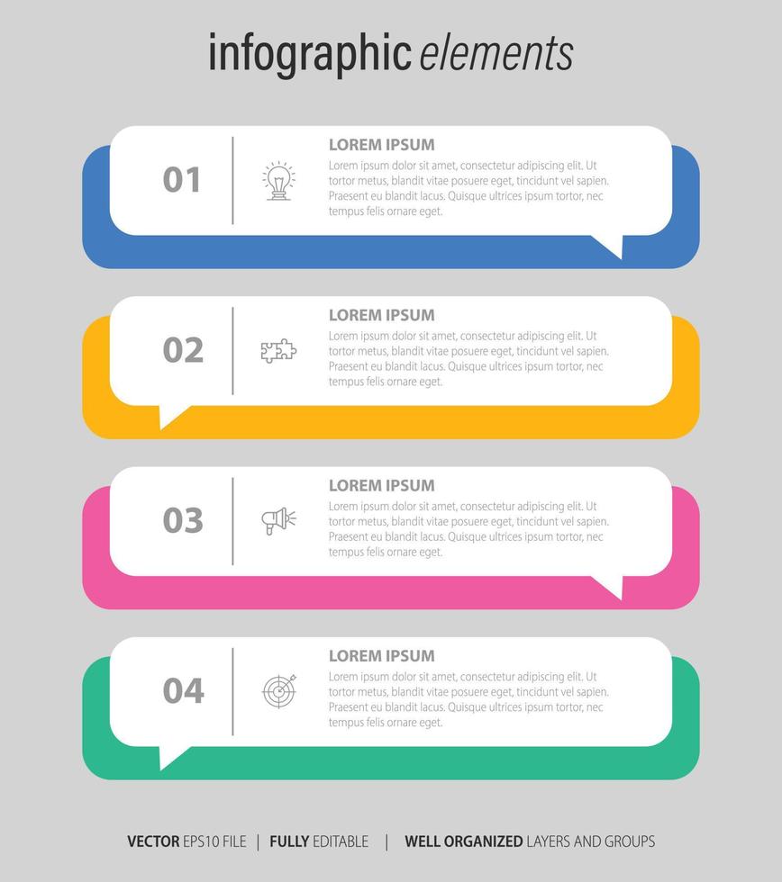 vier genummerd rechthoekig kaders geplaatst in horizontaal rij. concept van 4 stadia van afzet strategie. modern vlak infographic ontwerp sjabloon. gemakkelijk vector illustratie voor bedrijf presentatie