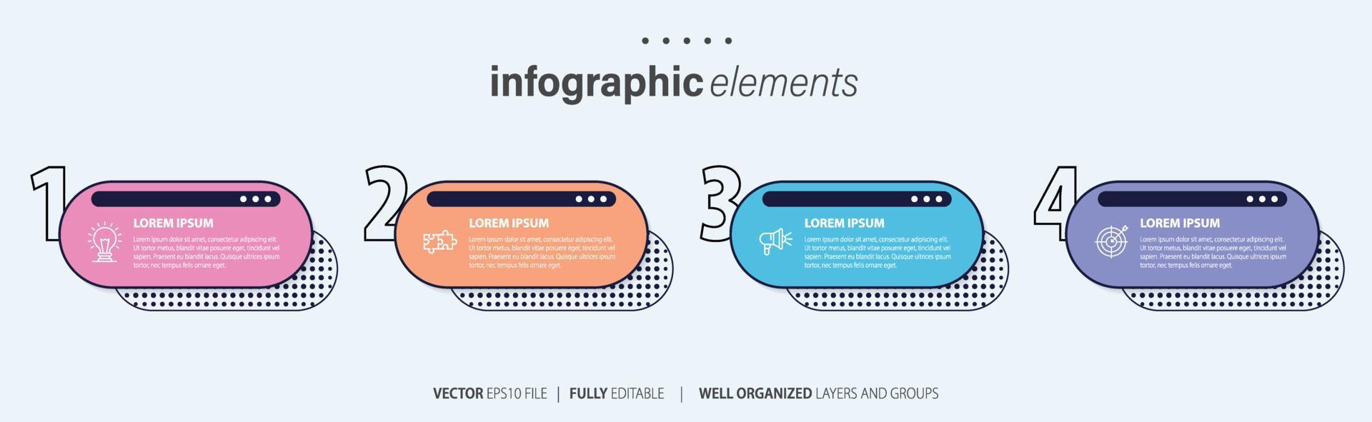 concept van 4 opeenvolgende stappen van progressief bedrijf ontwikkeling. gemakkelijk infographic ontwerp sjabloon. abstract vector illustratie.