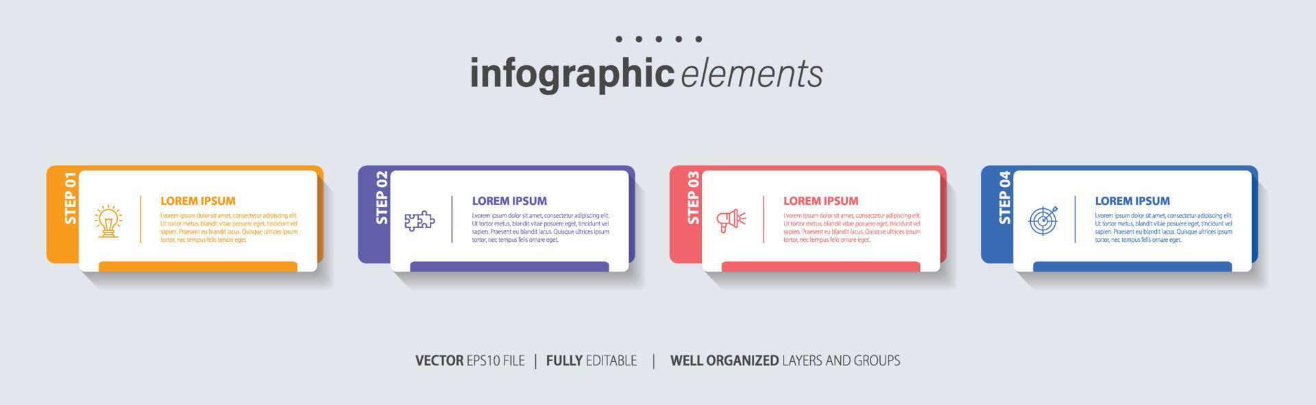 concept van 4 opeenvolgende stappen van progressief bedrijf ontwikkeling. gemakkelijk infographic ontwerp sjabloon. abstract vector illustratie.