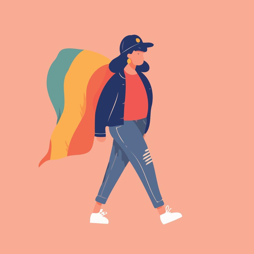 vrouw lgbt trots dag en maand met regenboog kleuren vector