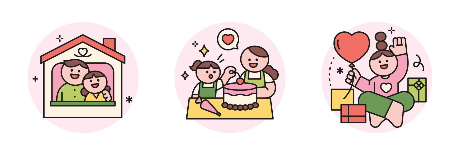 familie maand. mensen wie waarderen hun ouders en liefde hun kinderen. zoet huis, moeder en kind taart maken, evenement geschenken. vector