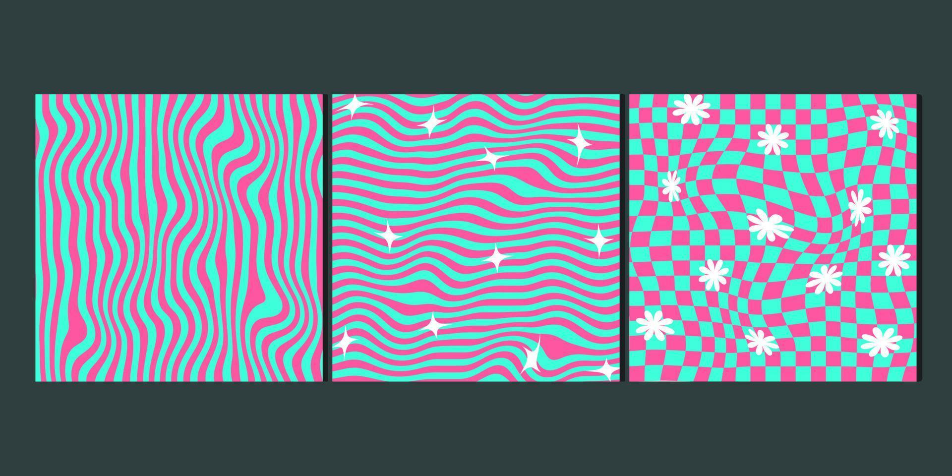 reeks van golvend trippy patronen in psychedelisch kleuren. abstract vector kolken achtergronden. 1970 esthetisch texturen met glad golven en rooster