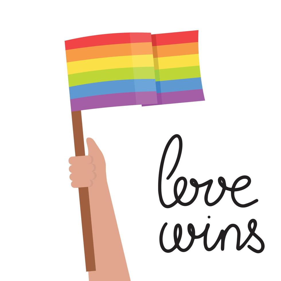 hand- met lgbt vlag. liefde wint. opvatting voor spandoek. vector illustratie.