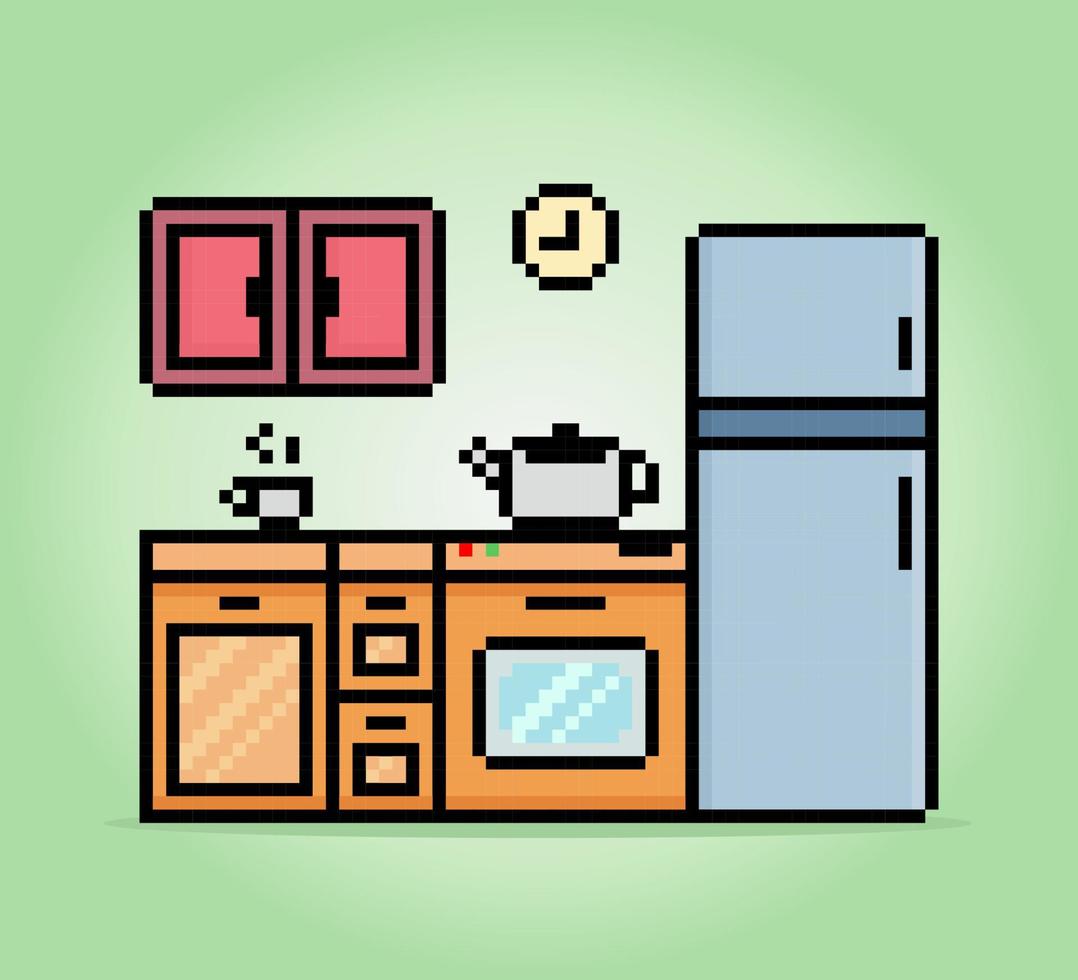 8 beetje pixel keuken reeks tafel, koelkast en koffie theepot in vector illustraties voor spel middelen. keuken elektronisch apparaten in pixel kunst.