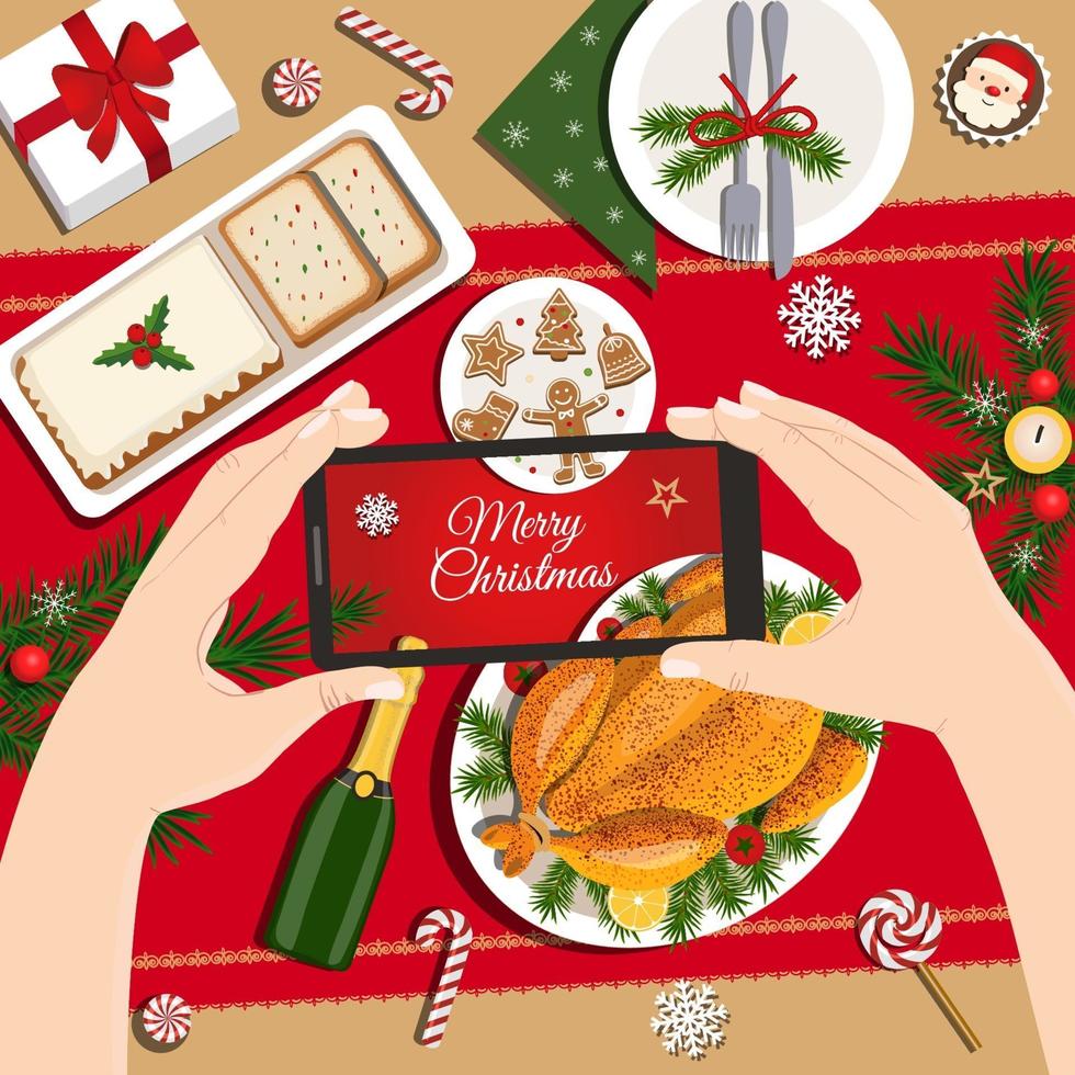 kerstdiner. heerlijke traditionele vakantiemaaltijd, feestelijk plateren. handen met smartphone die foto van voedsel neemt. vector