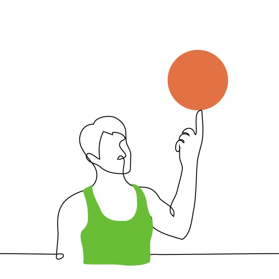 Mens in een basketbal groen uniform spins de bal Aan zijn inhoudsopgave vinger - een lijn tekening vector. de concept van een professioneel truc, de bal Aan de vinger vector